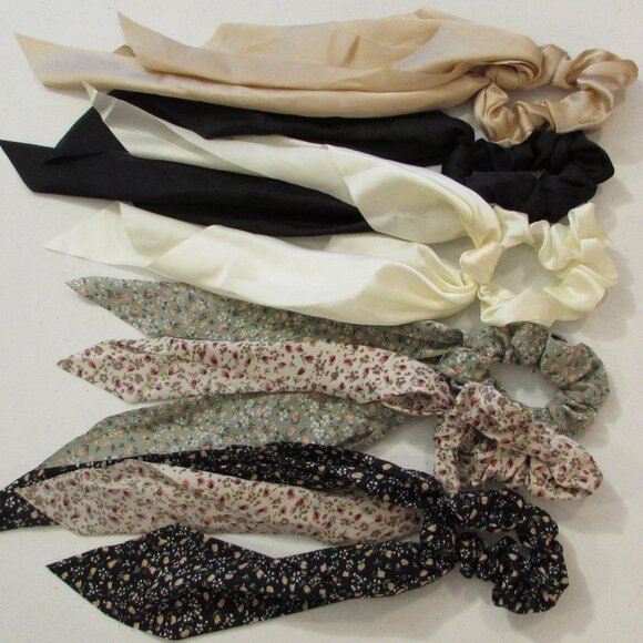 Ribbon Hair Ties 3 Solid/3 Floral NEW - Picture 3 of 7
